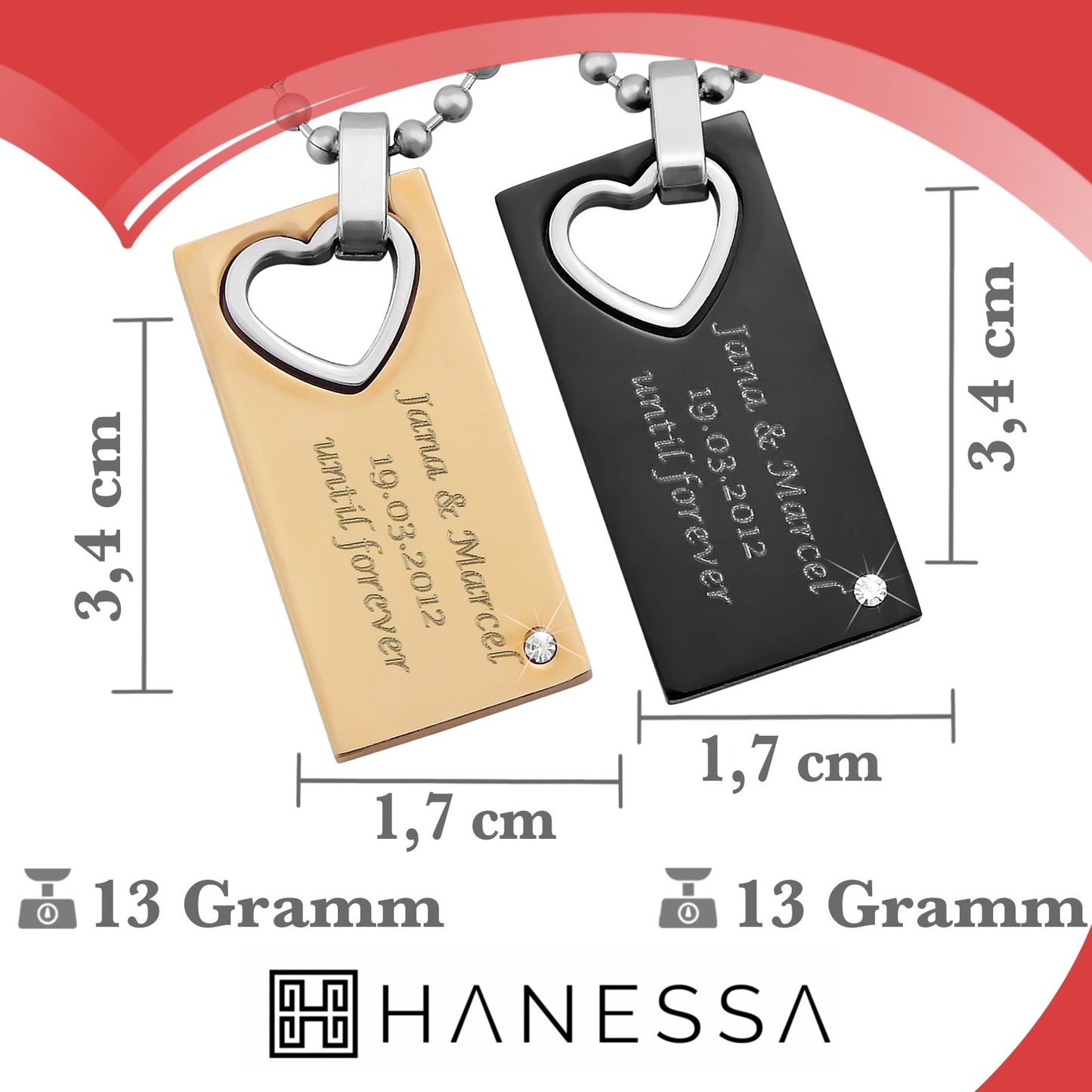 Hanessa 2 Stück Personalisierte Kette mit Gravur Edelstahl 50 cm mit Anhänger Herz Rechteck in silber schwarz gold - Personalisierte Geschenke für Damen Herren Freundin Freund - Partner Halskette