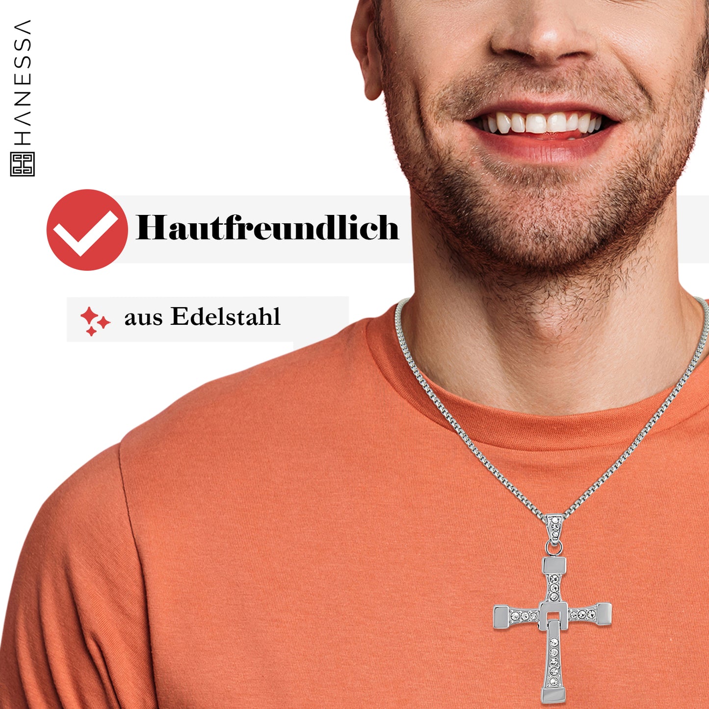 Personalisierte Vin Diesel Kette Edelstahl mit Kreuz-Anhänger und Strass Steinen 60cm lang - Dominic Toretto Halskette inspiriert von Fast and Furious