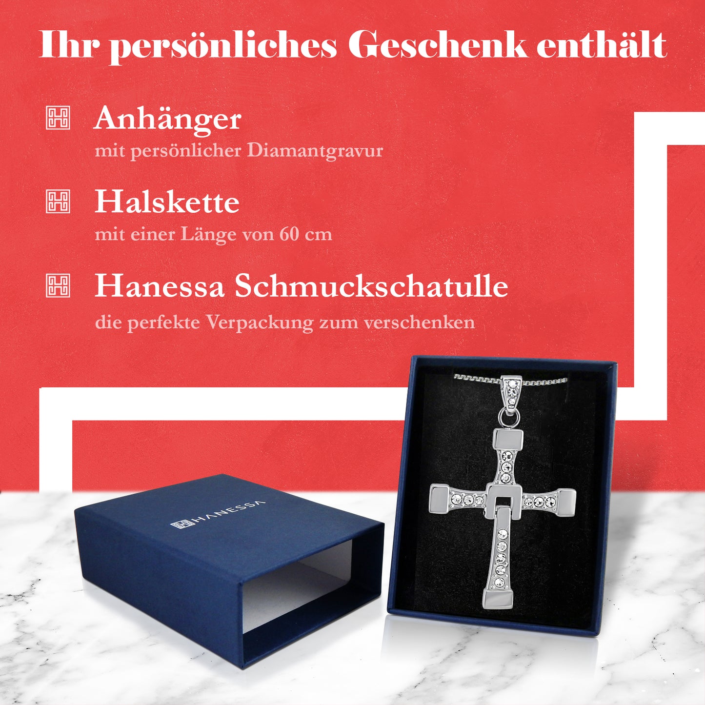 Personalisierte Vin Diesel Kette Edelstahl mit Kreuz-Anhänger und Strass Steinen 60cm lang - Dominic Toretto Halskette inspiriert von Fast and Furious
