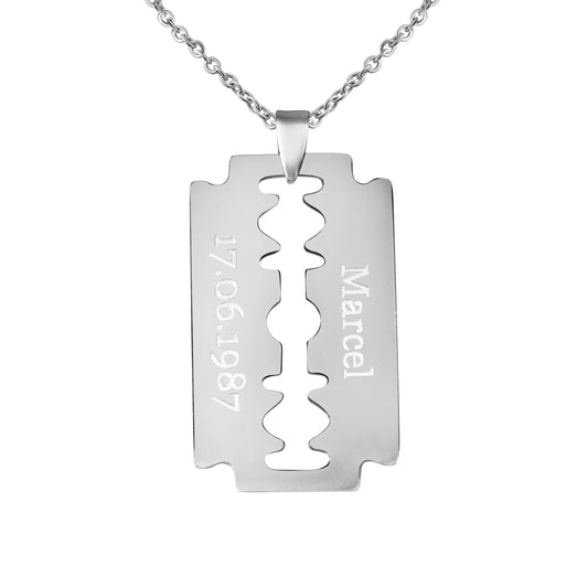 Personalisierte Kette mit Gravur Edelstahl 45 - 60 cm mit Anhänger Dog Tag Rasierklinge silber - Personalisierte Halskette für Männer - Personalisierter Schmuck Herren