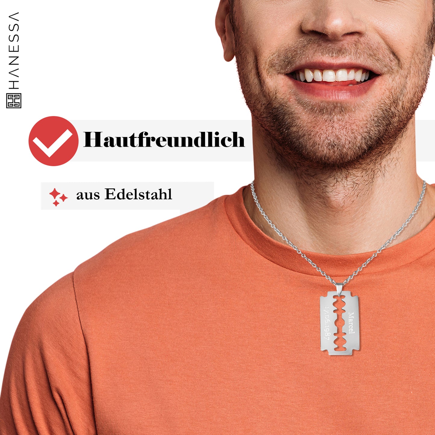 Personalisierte Kette mit Gravur Edelstahl 45 - 60 cm mit Anhänger Dog Tag Rasierklinge silber - Personalisierte Halskette für Männer - Personalisierter Schmuck Herren