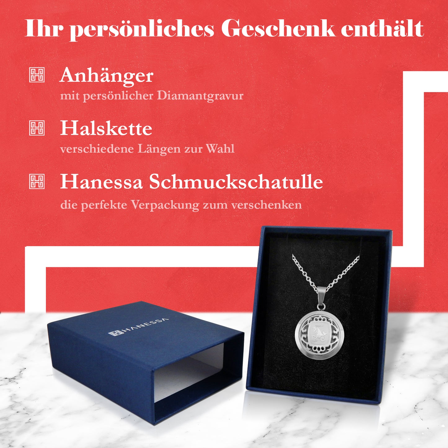 Hanessa Personalisierte Kette mit Gravur Edelstahl 50 cm mit Anhänger Sternzeichen Stier in silber - Personalisierte Halskette für Männer und Frauen - Personalisierter Schmuck Damen Herren