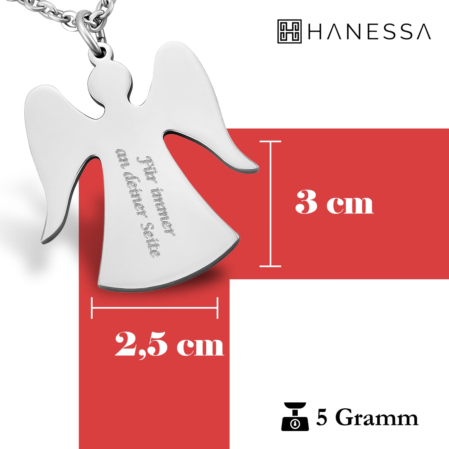 Hanessa Personalisierte Kette mit Gravur Edelstahl 50 cm mit Anhänger Schutzengel Engel in silber - Personalisierte Geschenke für Kinder und Erwachsene - Halskette Damen Herren Mädchen Jungen