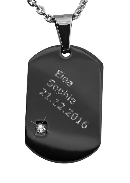 Hanessa Personalisierte Dog Tag-Halskette mit Gravur – Schwarzer Edelstahl-Anhänger mit Zirkonia, 3,1 x 2 cm, individuell gravierbar mit Namen und Datum, Geschenk für Vatertag oder Weihnachten