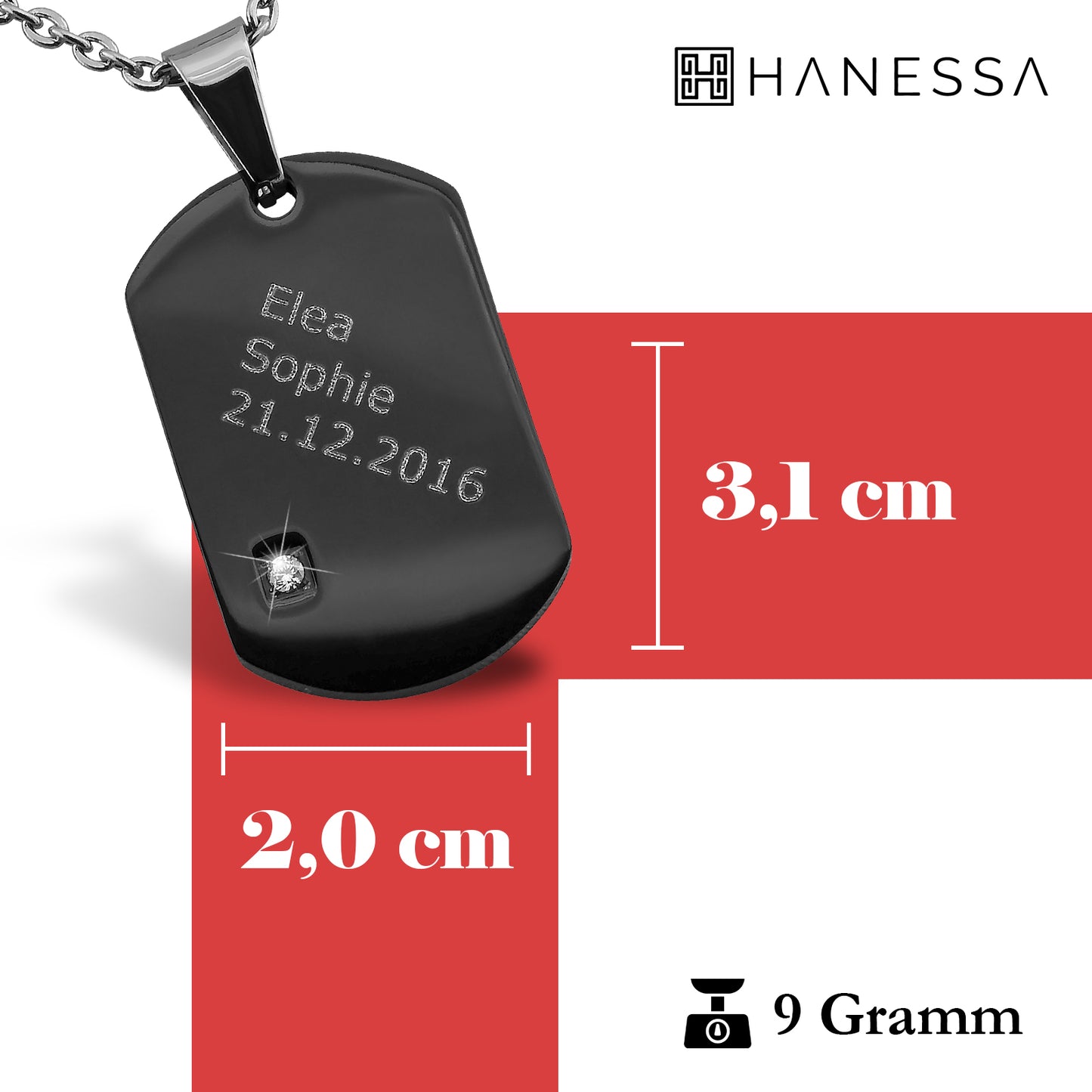 Hanessa Personalisierte Dog Tag-Halskette mit Gravur – Schwarzer Edelstahl-Anhänger mit Zirkonia, 3,1 x 2 cm, individuell gravierbar mit Namen und Datum, Geschenk für Vatertag oder Weihnachten