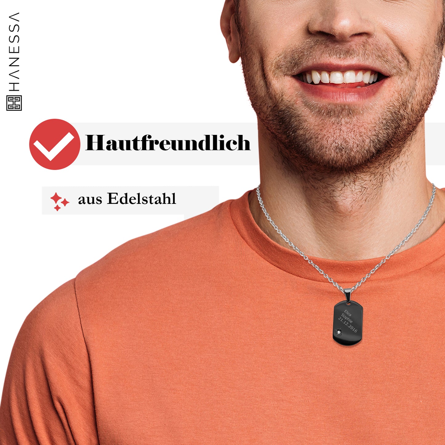 Hanessa Personalisierte Dog Tag-Halskette mit Gravur – Schwarzer Edelstahl-Anhänger mit Zirkonia, 3,1 x 2 cm, individuell gravierbar mit Namen und Datum, Geschenk für Vatertag oder Weihnachten