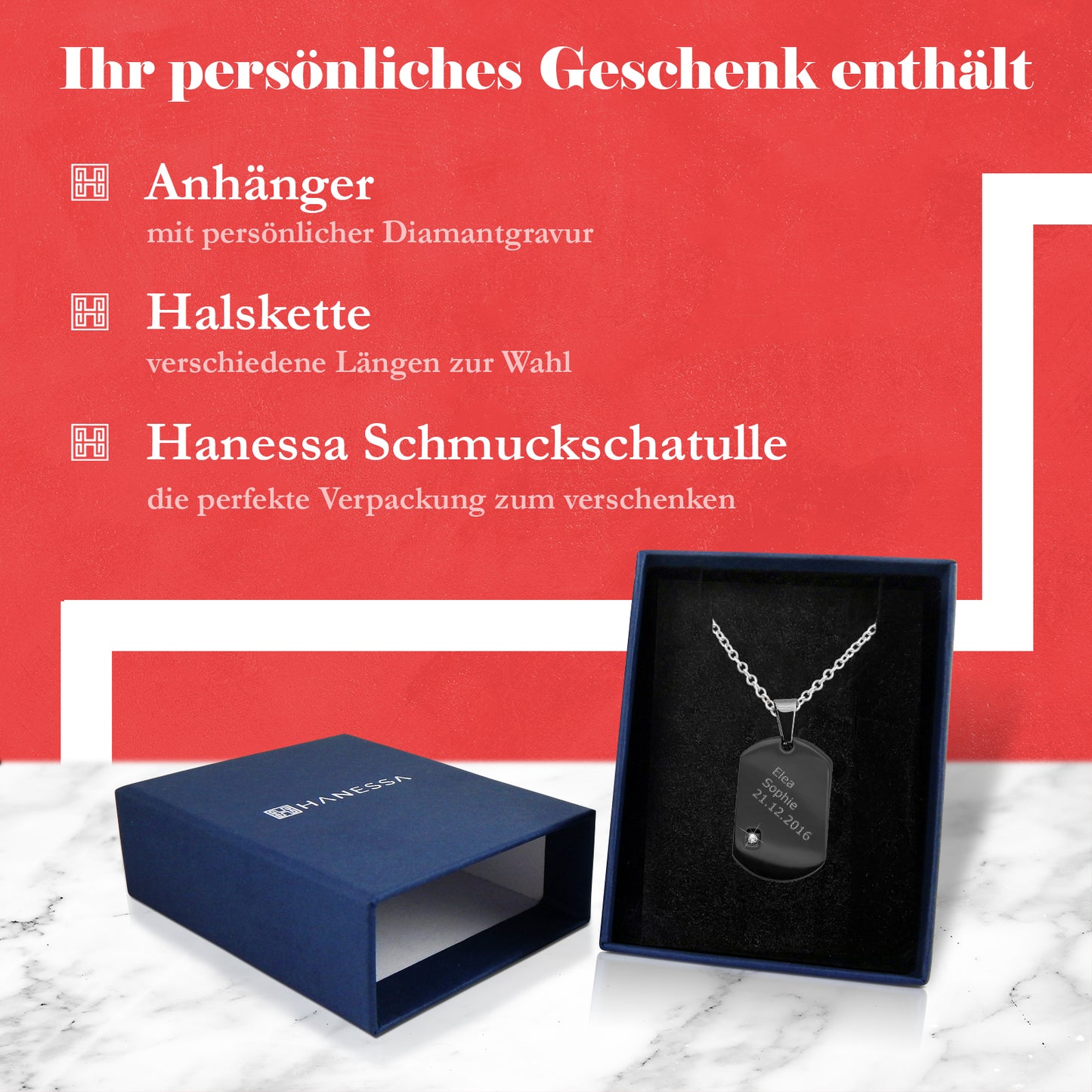 Hanessa Personalisierte Dog Tag-Halskette mit Gravur – Schwarzer Edelstahl-Anhänger mit Zirkonia, 3,1 x 2 cm, individuell gravierbar mit Namen und Datum, Geschenk für Vatertag oder Weihnachten