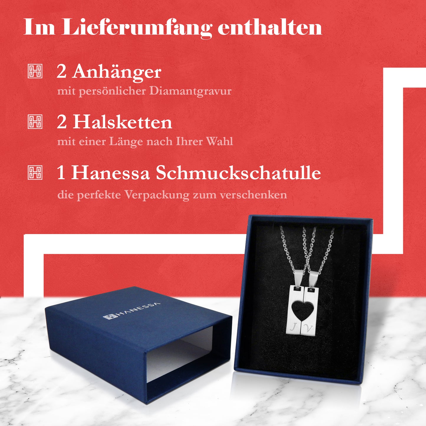 Hanessa 2 Stück Personalisierte Kette mit Gravur Edelstahl 50 cm mit Anhänger Herz Rechteck in silber - Personalisierte Geschenke für Damen Herren Freundin Freund - Partner Halskette für Sie und Ihn