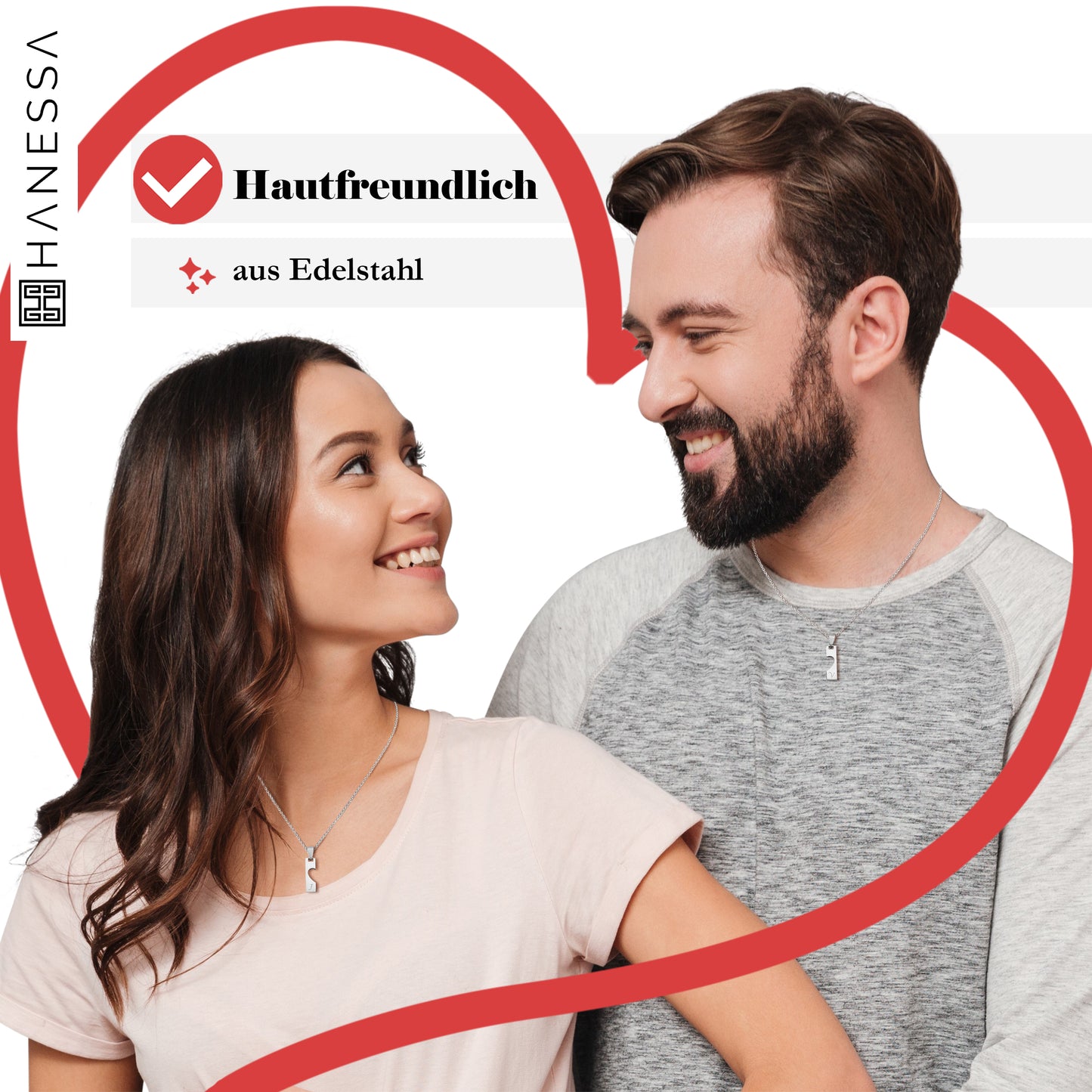 Hanessa 2 Stück Personalisierte Kette mit Gravur Edelstahl 50 cm mit Anhänger Herz Rechteck in silber - Personalisierte Geschenke für Damen Herren Freundin Freund - Partner Halskette für Sie und Ihn