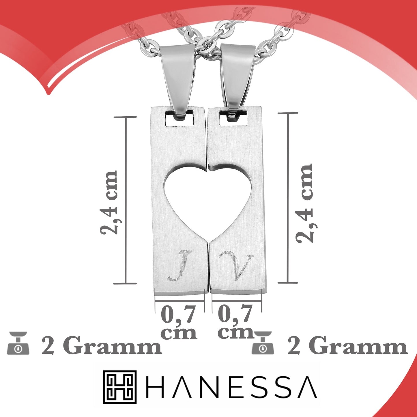 Hanessa 2 Stück Personalisierte Kette mit Gravur Edelstahl 50 cm mit Anhänger Herz Rechteck in silber - Personalisierte Geschenke für Damen Herren Freundin Freund - Partner Halskette für Sie und Ihn