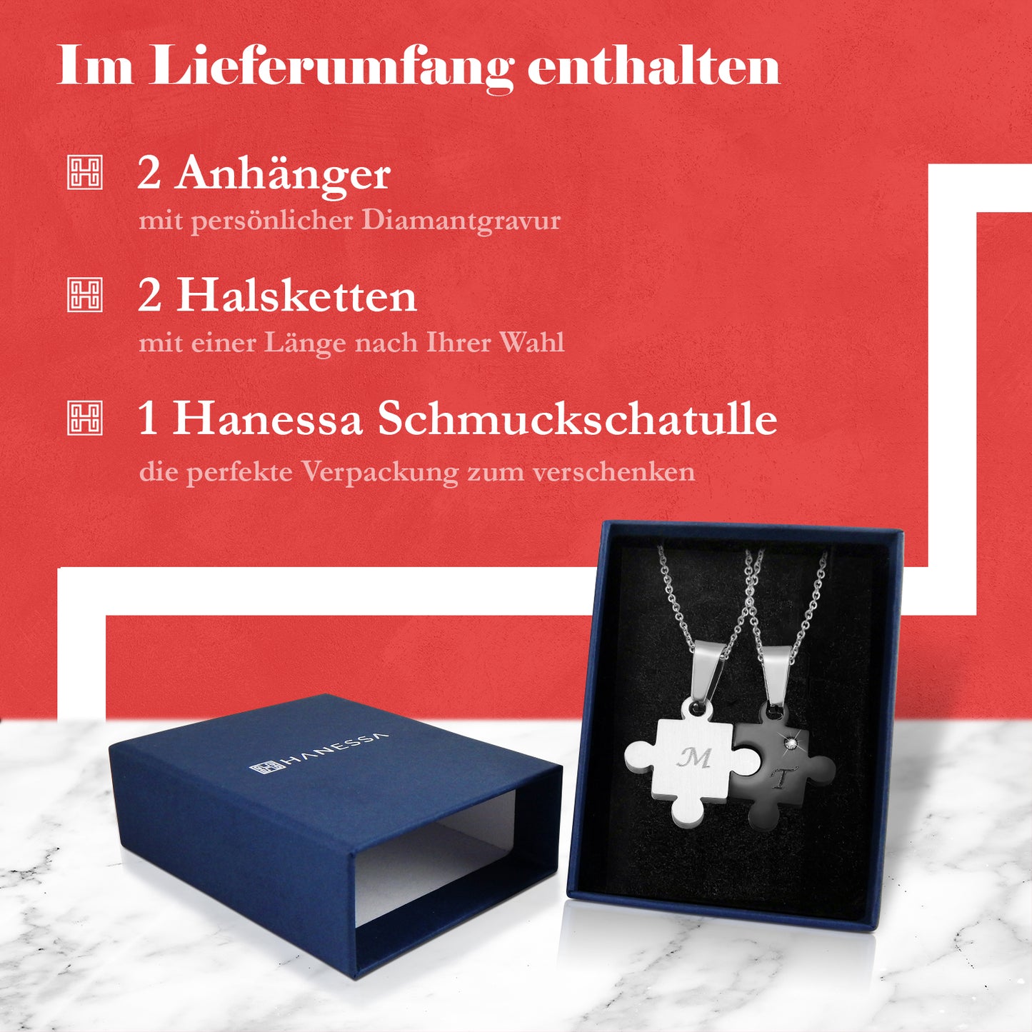 Personalisierte Kette mit Gravur Edelstahl 50 cm mit Anhänger Herz Puzzle in silber schwarz - Personalisierte Halskette für Freundin oder Freund