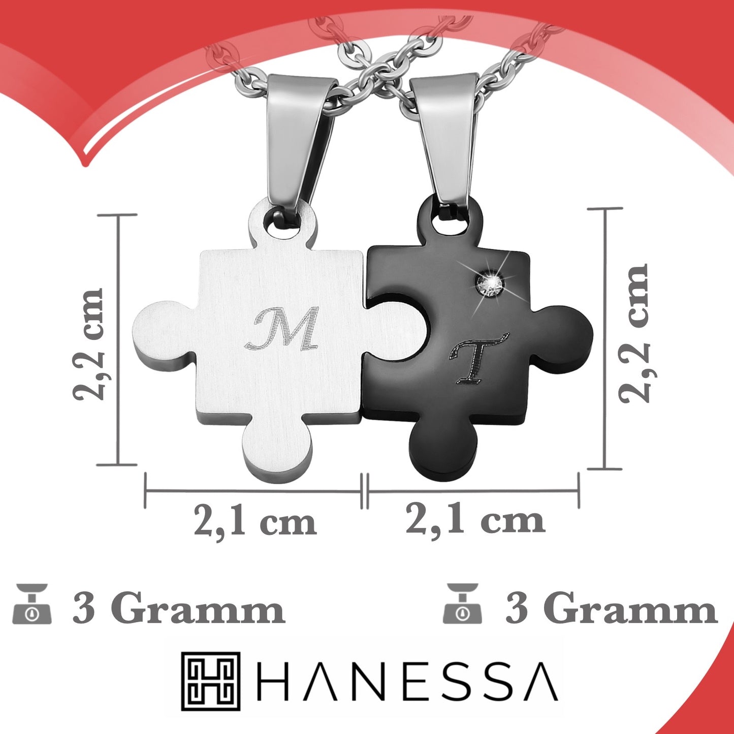 Personalisierte Kette mit Gravur Edelstahl 50 cm mit Anhänger Herz Puzzle in silber schwarz - Personalisierte Halskette für Freundin oder Freund