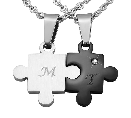 Personalisierte Kette mit Gravur Edelstahl 50 cm mit Anhänger Herz Puzzle in silber schwarz - Personalisierte Halskette für Freundin oder Freund