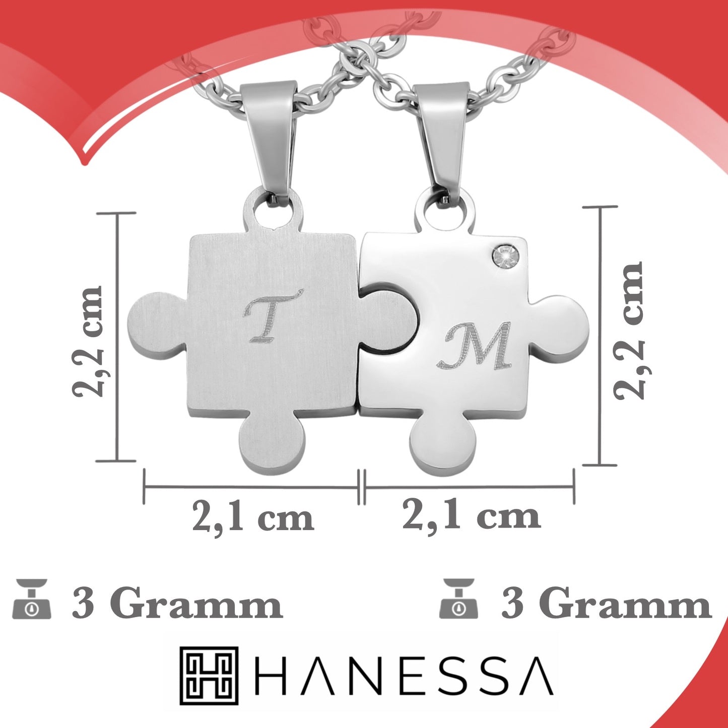 Personalisierte Ketten mit Gravur Edelstahl 50 cm mit Anhänger Herz Puzzle in silber