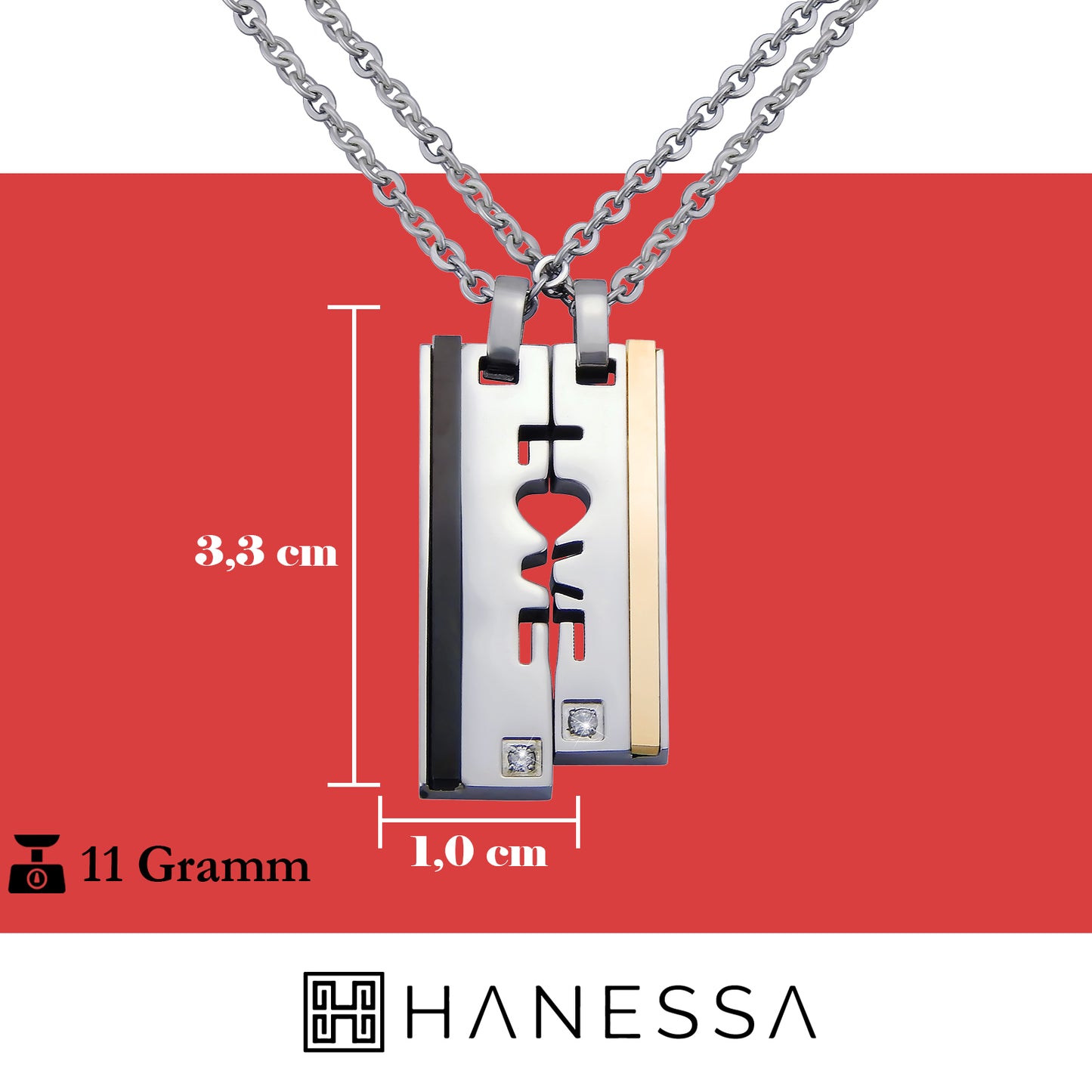 Hanessa 2 Stück Personalisierte Kette mit Gravur Edelstahl 50 cm mit Anhänger LOVE mit Stein in silber schwarz gold