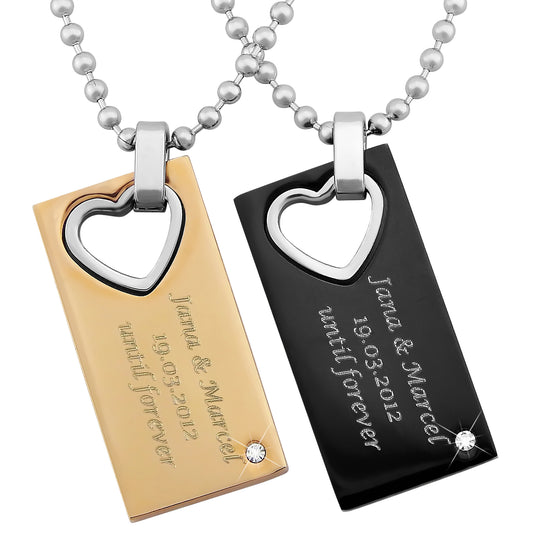 Hanessa 2 Stück Personalisierte Kette mit Gravur Edelstahl 50 cm  mit Anhänger Herz Rechteck in silber schwarz gold - Personalisierte Geschenke für Damen Herren Freundin Freund - Partner Halskette