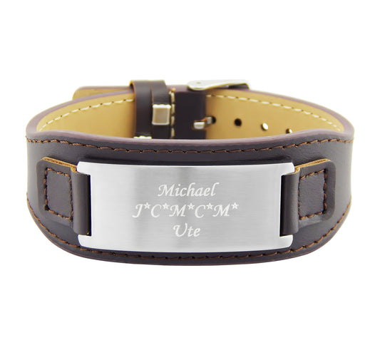 Hanessa Personalisiertes Armband mit Gravur für Männer und Frauen Edelstahl Leder braun Länge verstellbar 16 - 21 cm | Personalisierte Armbänder mit Namen Herren Damen