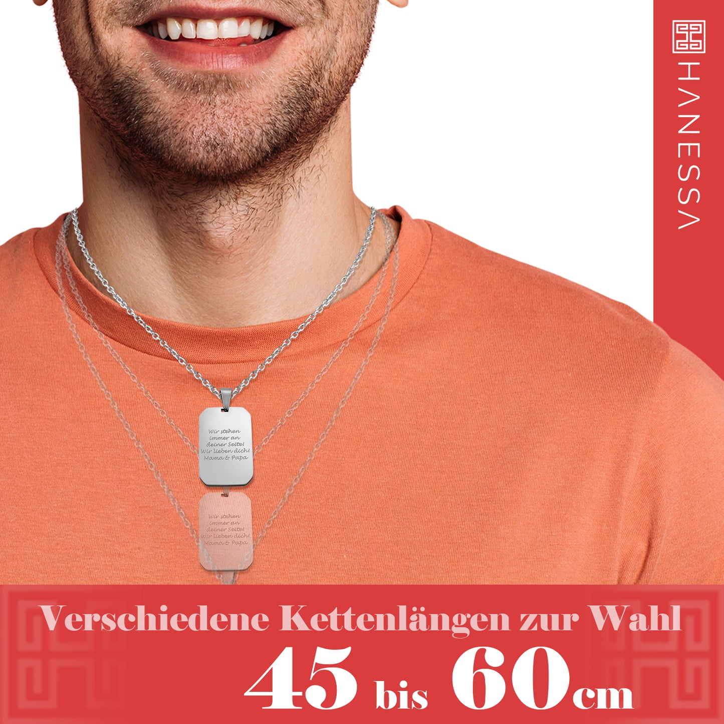 Personalisierte Kette mit Gravur Edelstahl 50 cm mit Anhänger Dog Tag Erkennungsmarke in silber