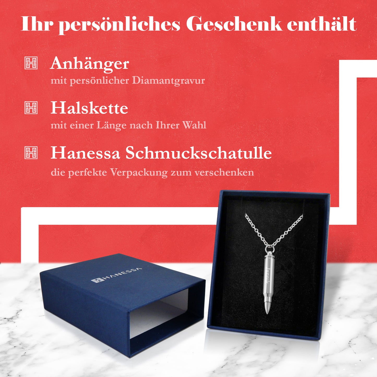 Hanessa Personalisierte Kette mit Gravur Edelstahl 50 cm mit Anhänger Patronenhülse Pistolenkugel zum Aufschrauben in silber - Personalisierte Halskette für Männer Frauen - Personalisierter Schmuck