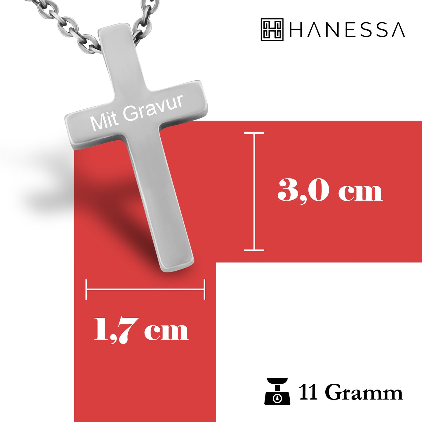 Hanessa Personalisierte Kette mit Gravur Edelstahl 49 cm mit Anhänger Kreuz in silber - Personalisierte Halskette für Männer und Frauen - Personalisierter Schmuck Damen Herren