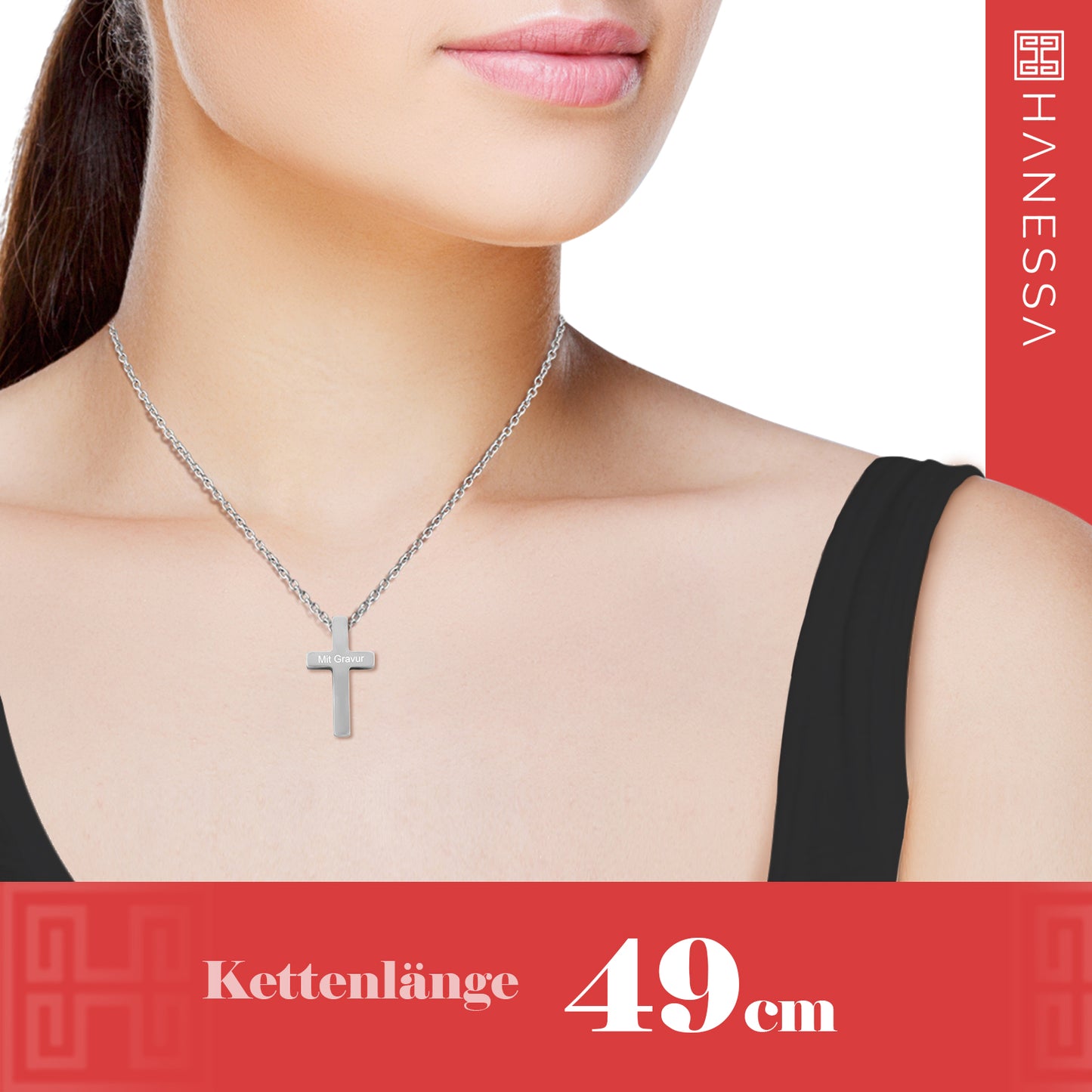 Hanessa Personalisierte Kette mit Gravur Edelstahl 49 cm mit Anhänger Kreuz in silber - Personalisierte Halskette für Männer und Frauen - Personalisierter Schmuck Damen Herren