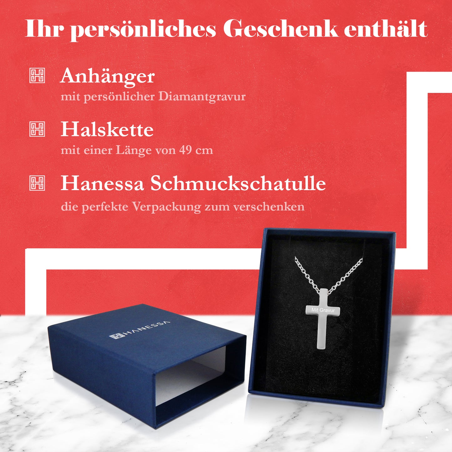 Hanessa Personalisierte Kette mit Gravur Edelstahl 49 cm mit Anhänger Kreuz in silber - Personalisierte Halskette für Männer und Frauen - Personalisierter Schmuck Damen Herren