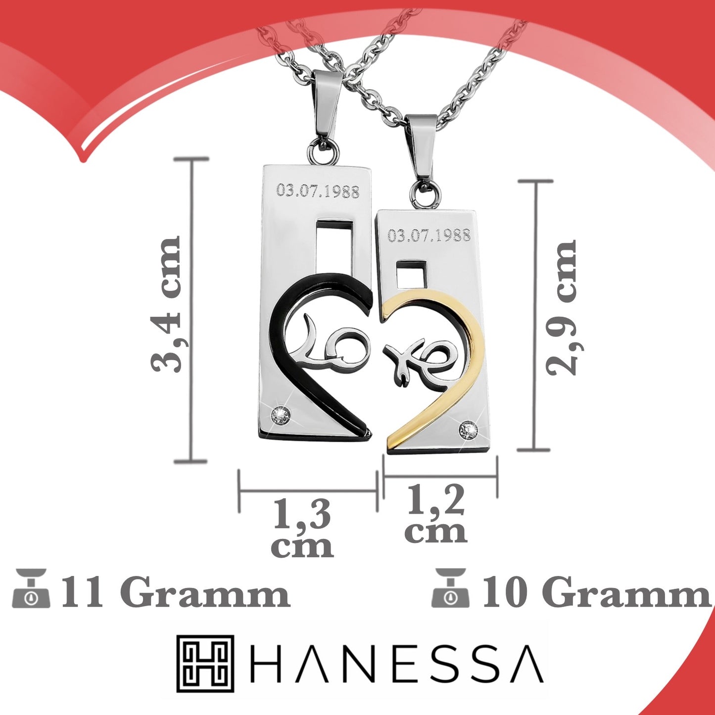 Hanessa personalisierte Partnerketten Set – 2-teiliges Edelstahl-Herzanhänger Set mit Gravur – Symbolische Liebeskette für Paare – Ideales Geschenk zu Weihnachten, Jahrestag oder Geburtstag