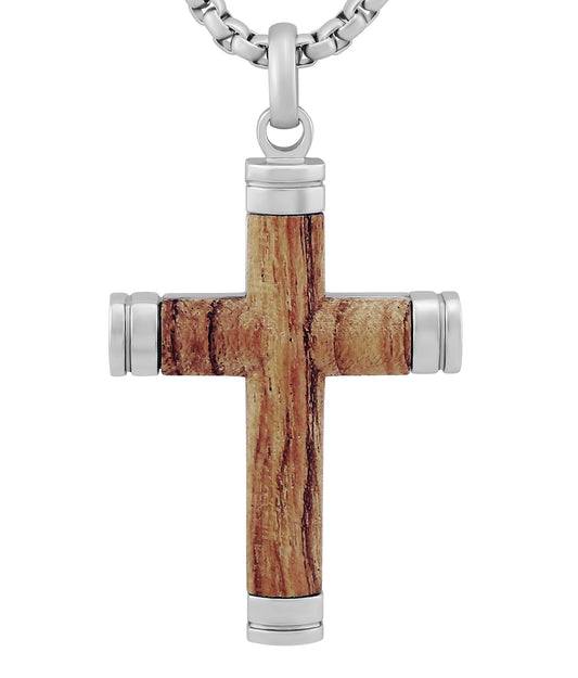 Personalisierte Kette mit Gravur Edelstahl 60 cm mit Anhänger Kreuz Holz in silber