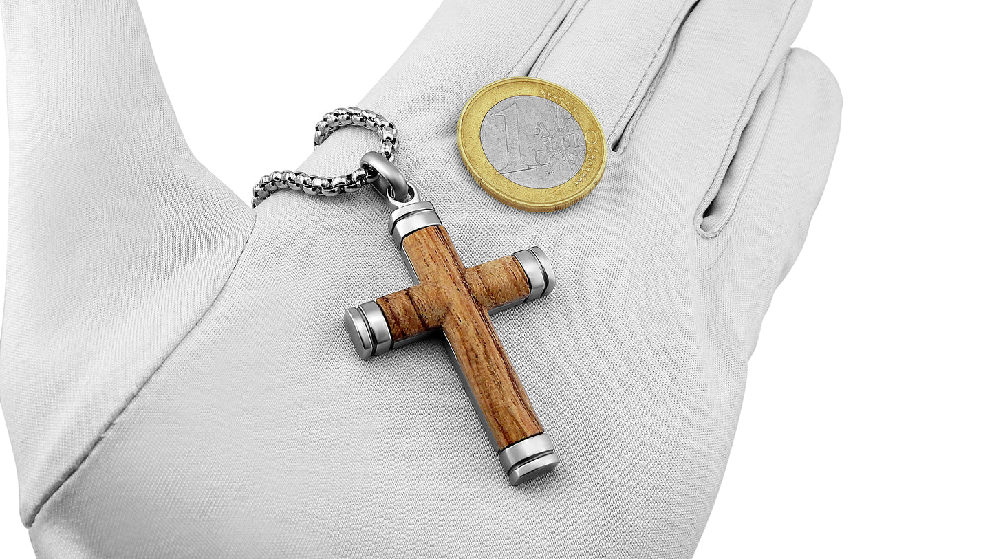 Personalisierte Kette mit Gravur Edelstahl 60 cm mit Anhänger Kreuz Holz in silber