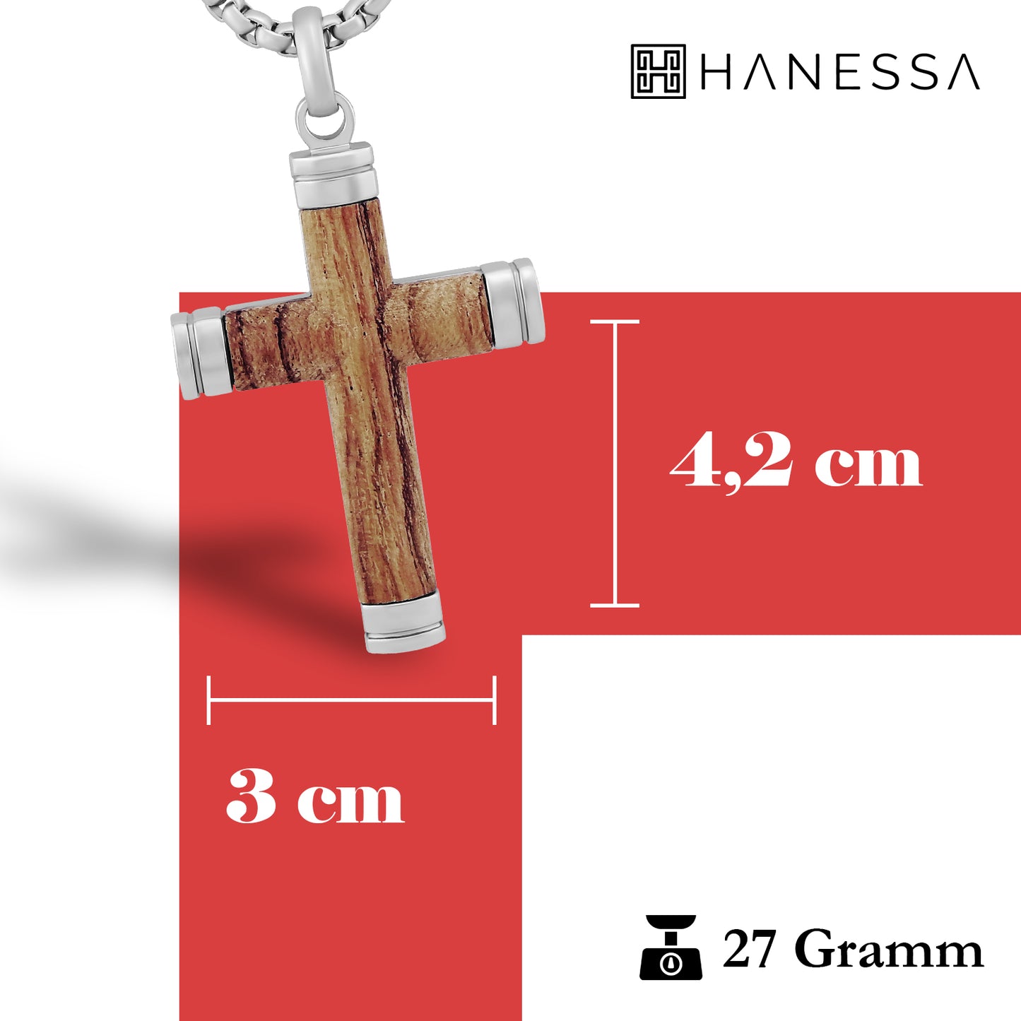 Personalisierte Kette mit Gravur Edelstahl 60 cm mit Anhänger Kreuz Holz in silber