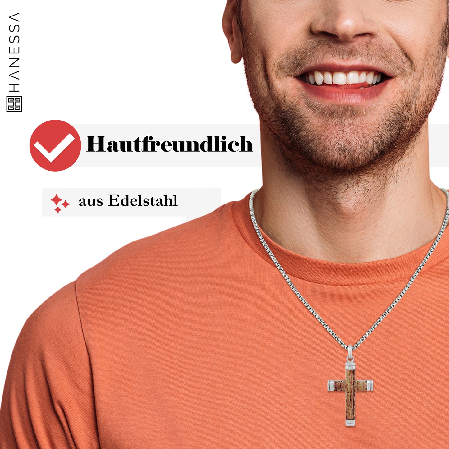 Personalisierte Kette mit Gravur Edelstahl 60 cm mit Anhänger Kreuz Holz in silber