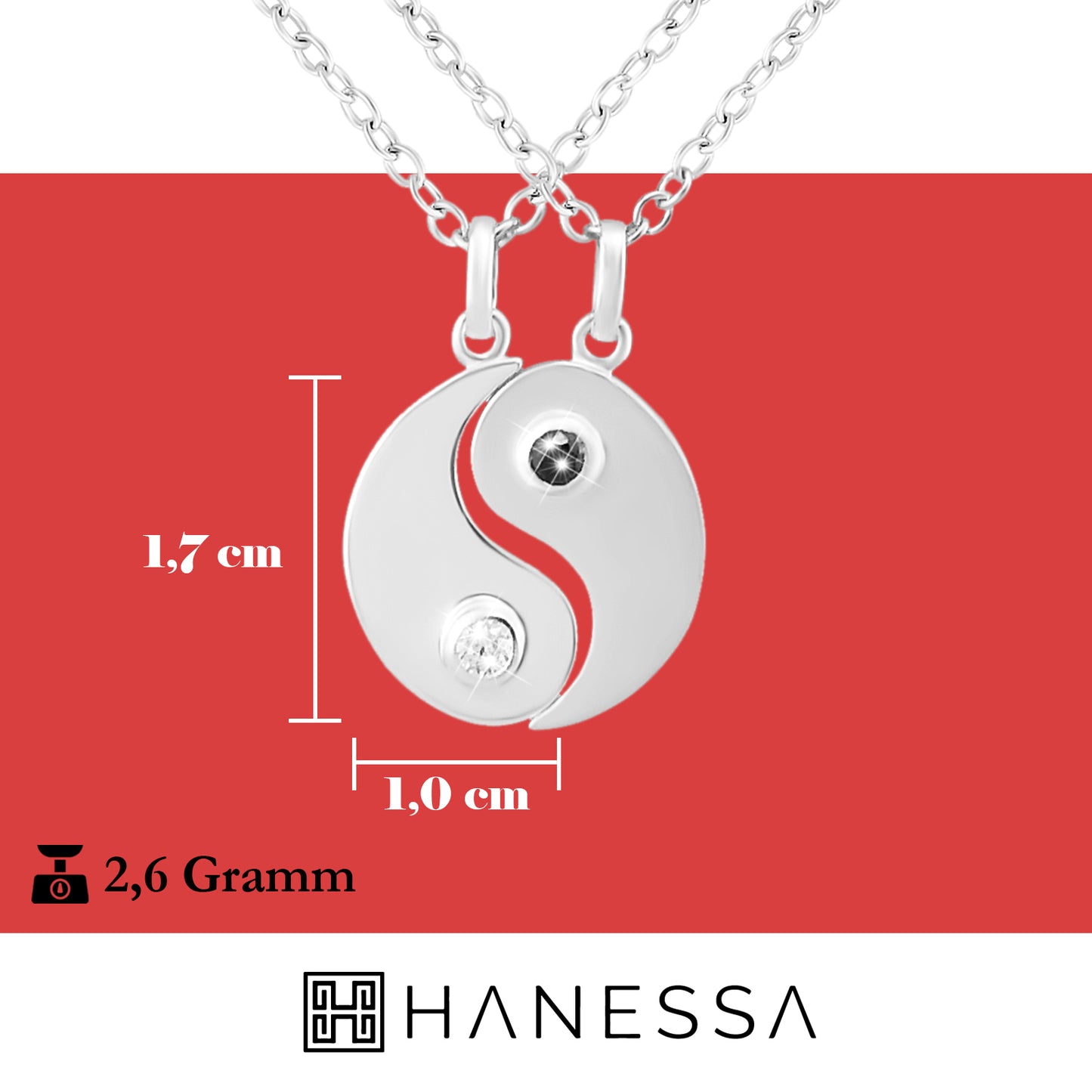 Hanessa 2 Stück Personalisierte Kette mit Gravur 925 Sterling Silber 47 cm mit Anhänger Yin Yang in silber - Personalisierte Geschenke für Damen Herren Freundin Freund - Partner Halskette Sie Ihn