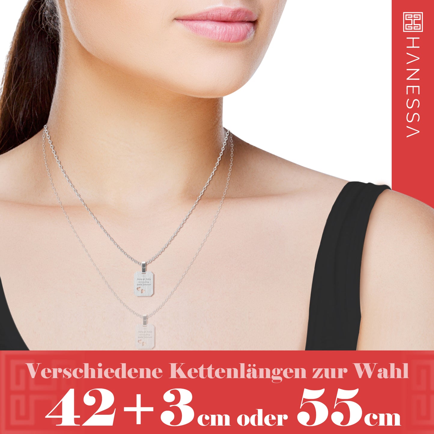 Hanessa 925 Sterling Silber Kette mit Gravur 42 + 3 cm mit Anhänger "Ich liebe Dich" Herz in silber - Personalisierte Halskette Damen Silberkette Schmuck - Geschenke personalisiert