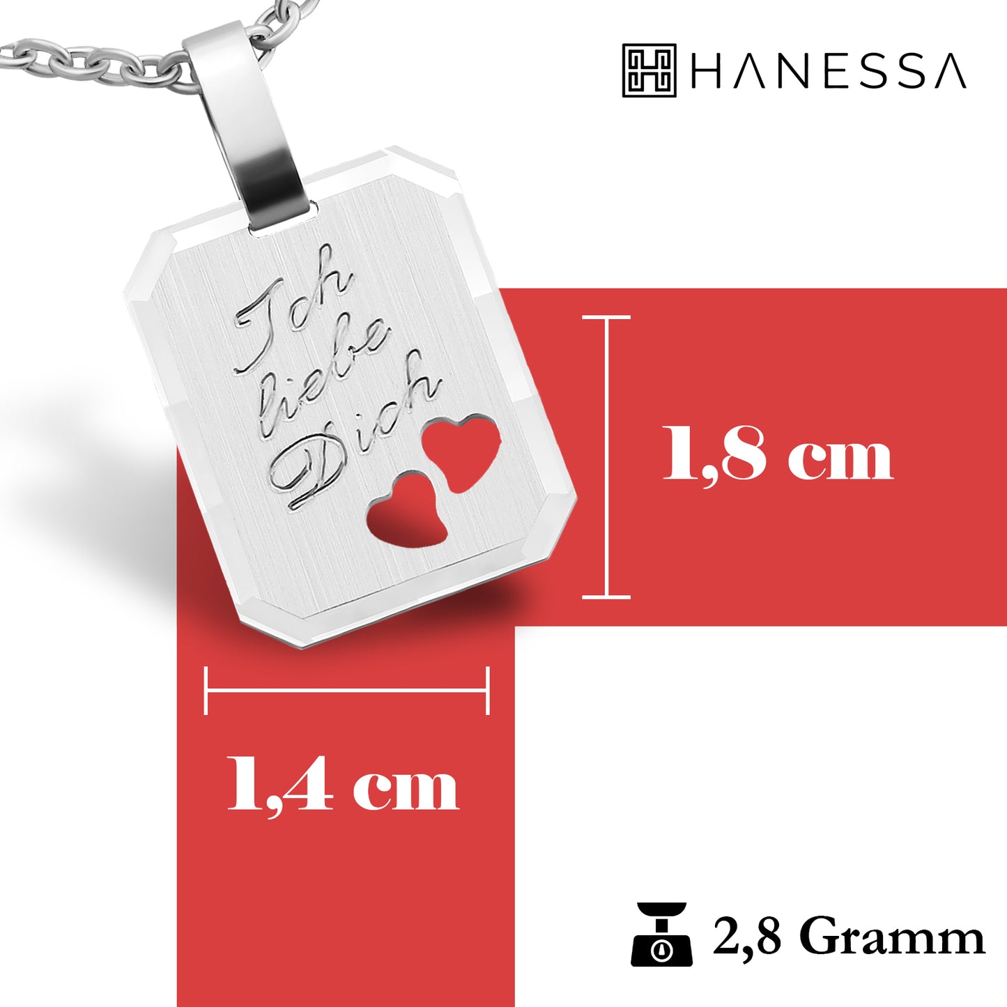 Hanessa 925 Sterling Silber Kette mit Gravur 42 + 3 cm mit Anhänger "Ich liebe Dich" Herz in silber - Personalisierte Halskette Damen Silberkette Schmuck - Geschenke personalisiert