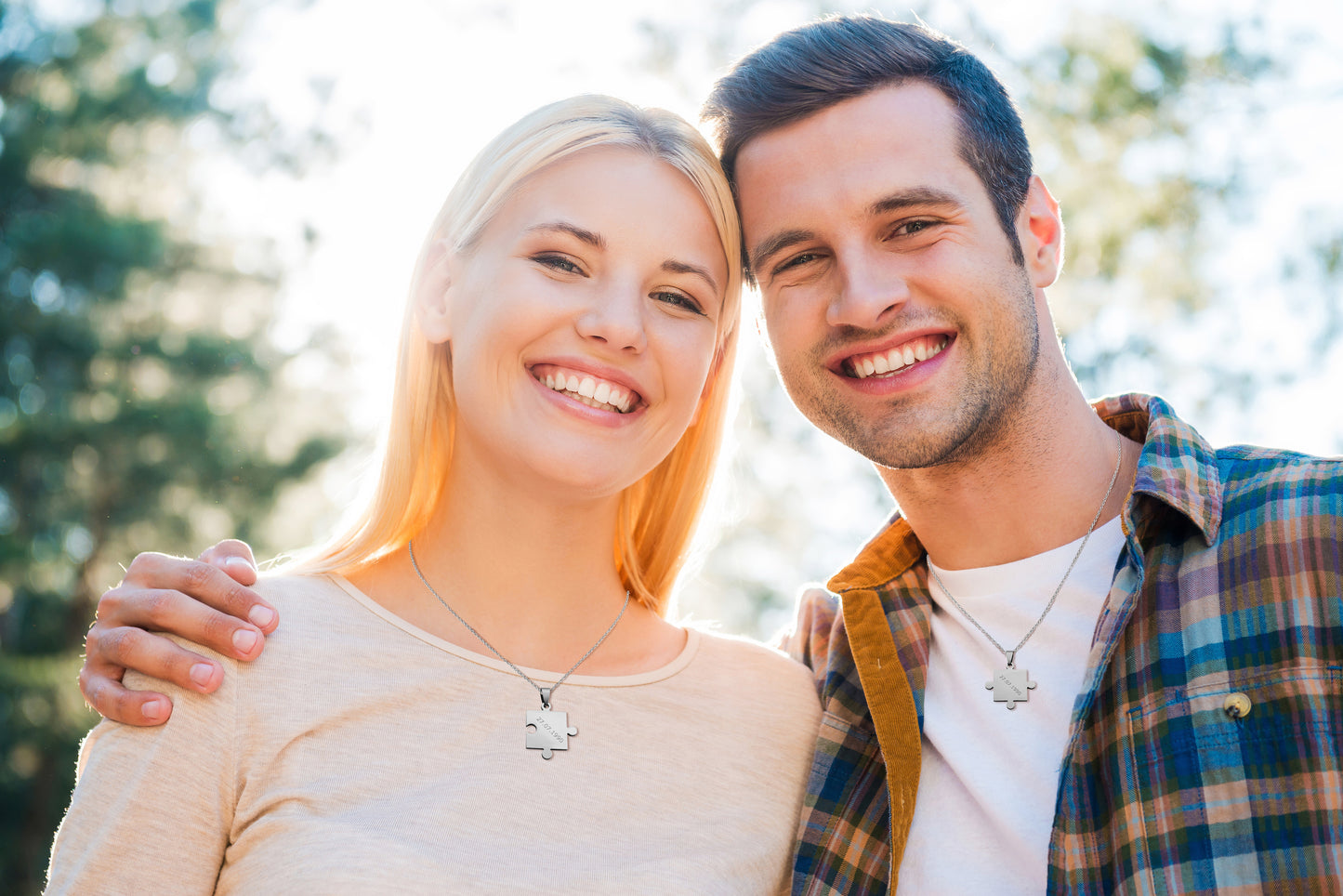 Hanessa 2 Stück Personalisierte Kette mit Gravur Edelstahl 50 cm mit Anhänger Puzzle Teil in silber - Personalisierte Geschenke für Damen Herren Freundin Freund - Partner Halskette für Sie und Ihn