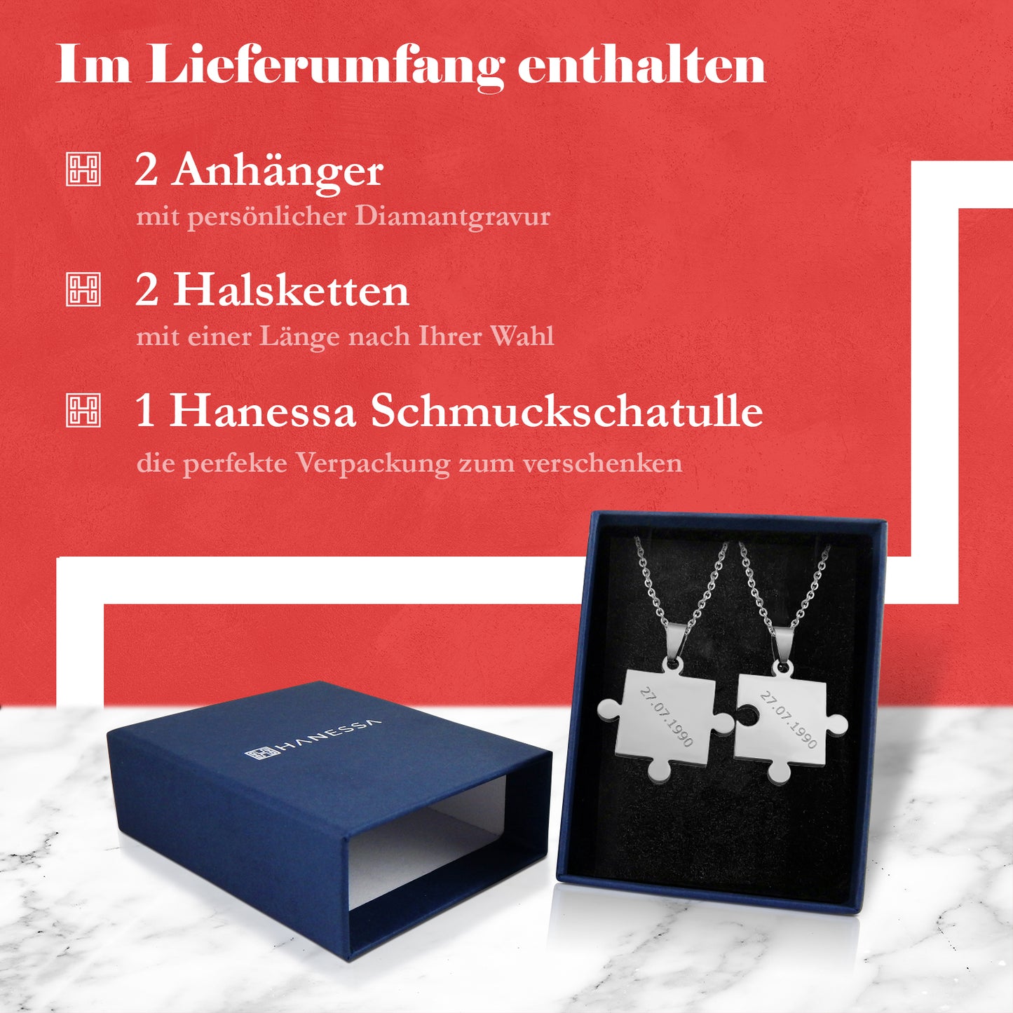 Hanessa 2 Stück Personalisierte Kette mit Gravur Edelstahl 50 cm mit Anhänger Puzzle Teil in silber - Personalisierte Geschenke für Damen Herren Freundin Freund - Partner Halskette für Sie und Ihn