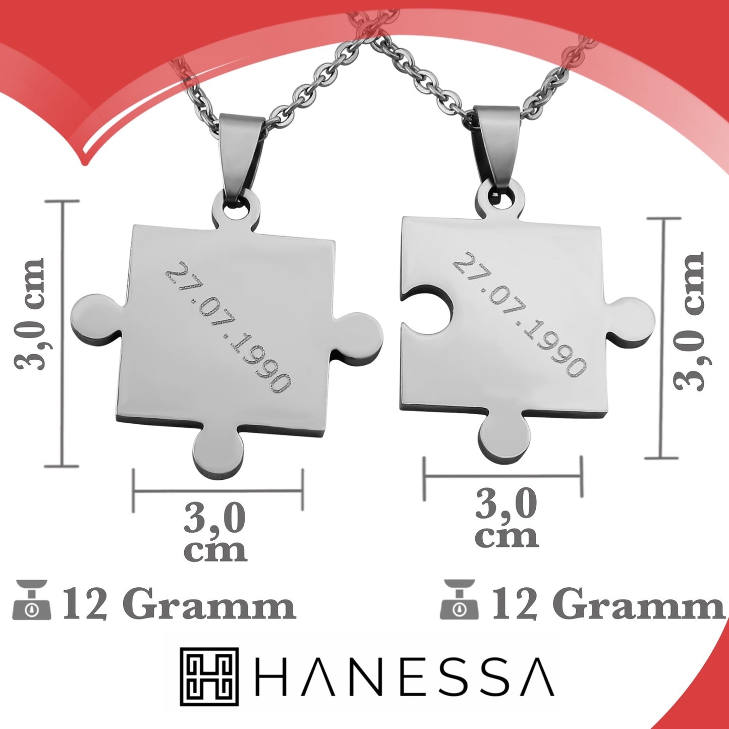 Hanessa 2 Stück Personalisierte Kette mit Gravur Edelstahl 50 cm mit Anhänger Puzzle Teil in silber - Personalisierte Geschenke für Damen Herren Freundin Freund - Partner Halskette für Sie und Ihn