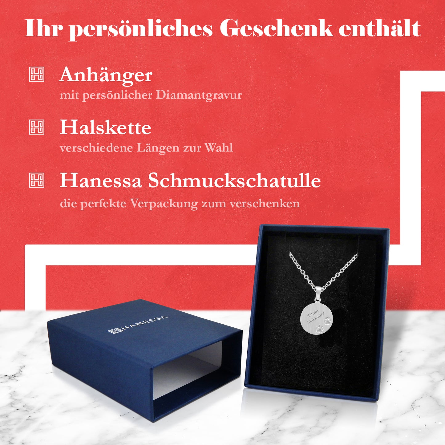 Hanessa 925 Sterling Silber Kette mit Gravur 42 + 3 cm mit Anhänger Pfoten rund in silber - Personalisierte Halskette Damen Silberkette Schmuck - Geschenke personalisiert