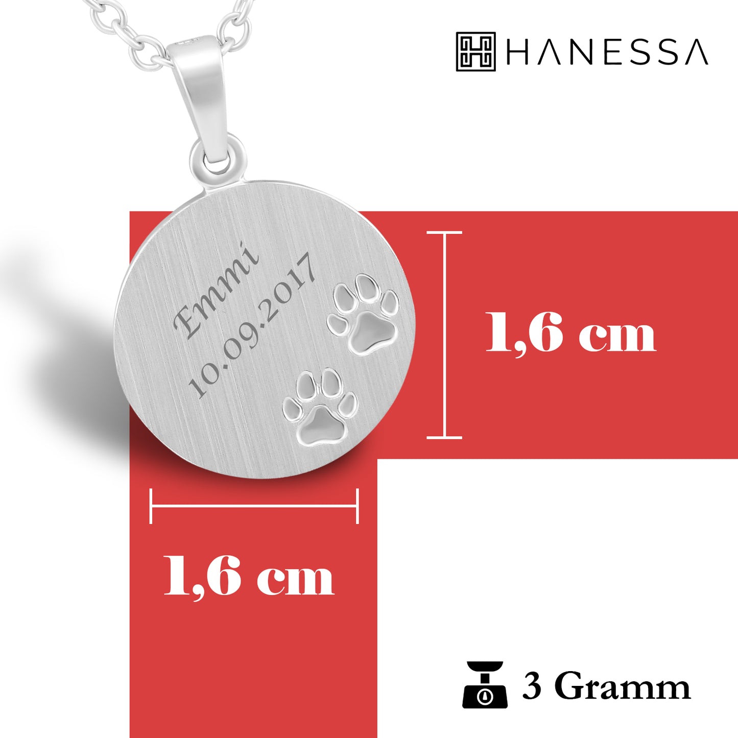 Hanessa 925 Sterling Silber Kette mit Gravur 42 + 3 cm mit Anhänger Pfoten rund in silber - Personalisierte Halskette Damen Silberkette Schmuck - Geschenke personalisiert