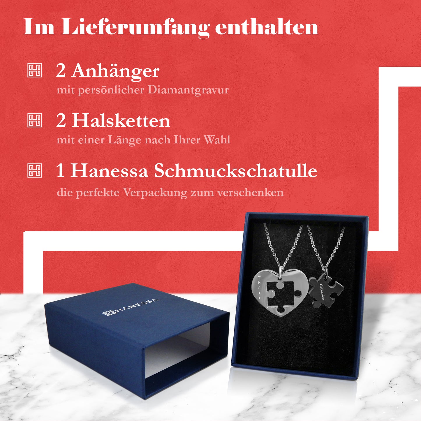 Hanessa Personalisierte Puzzle-Herz-Halskette für Paare – Edelstahl Partnerketten mit Gravur, Kette mit Gravur,  Set aus 2 Teilen, Geschenk für Paare, beste Freunde, die Freundin zu Weihnachten