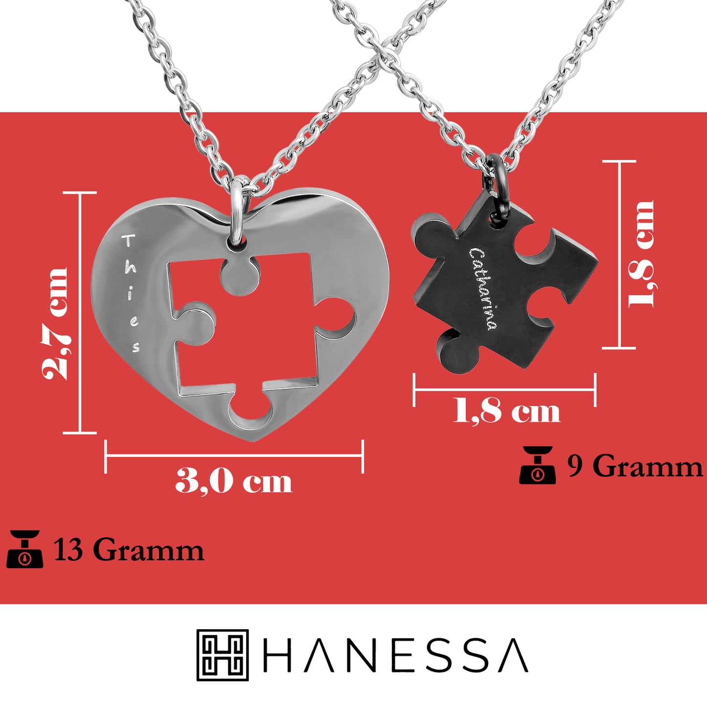 Hanessa Personalisierte Puzzle-Herz-Halskette für Paare – Edelstahl Partnerketten mit Gravur, Kette mit Gravur,  Set aus 2 Teilen, Geschenk für Paare, beste Freunde, die Freundin zu Weihnachten