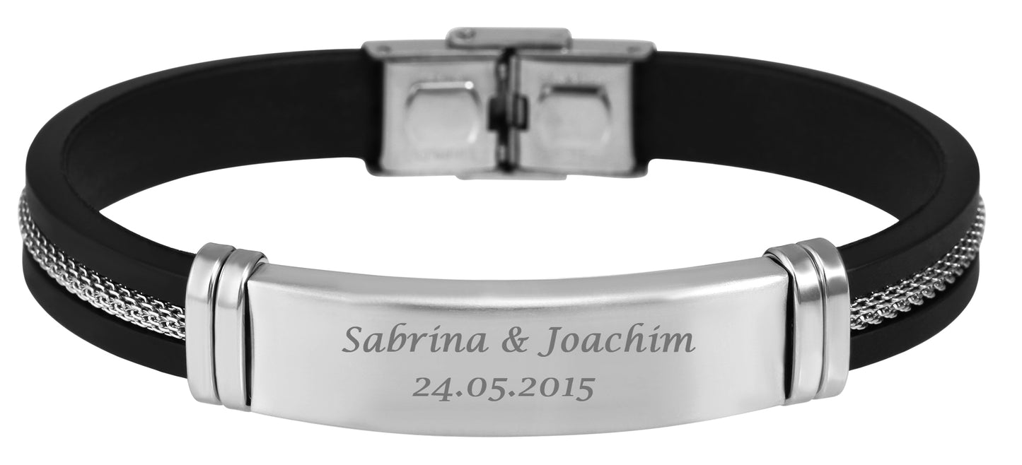 Personalisiertes Armband mit Gravur für Männer und Frauen Edelstahl Silikon schwarz silber Länge 21 cm