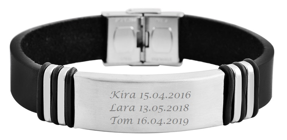 Hanessa Personalisiertes Armband mit Gravur für Männer und Frauen Edelstahl Leder schwarz Länge 22 cm | Personalisierte Armbänder mit Namen Herren Damen