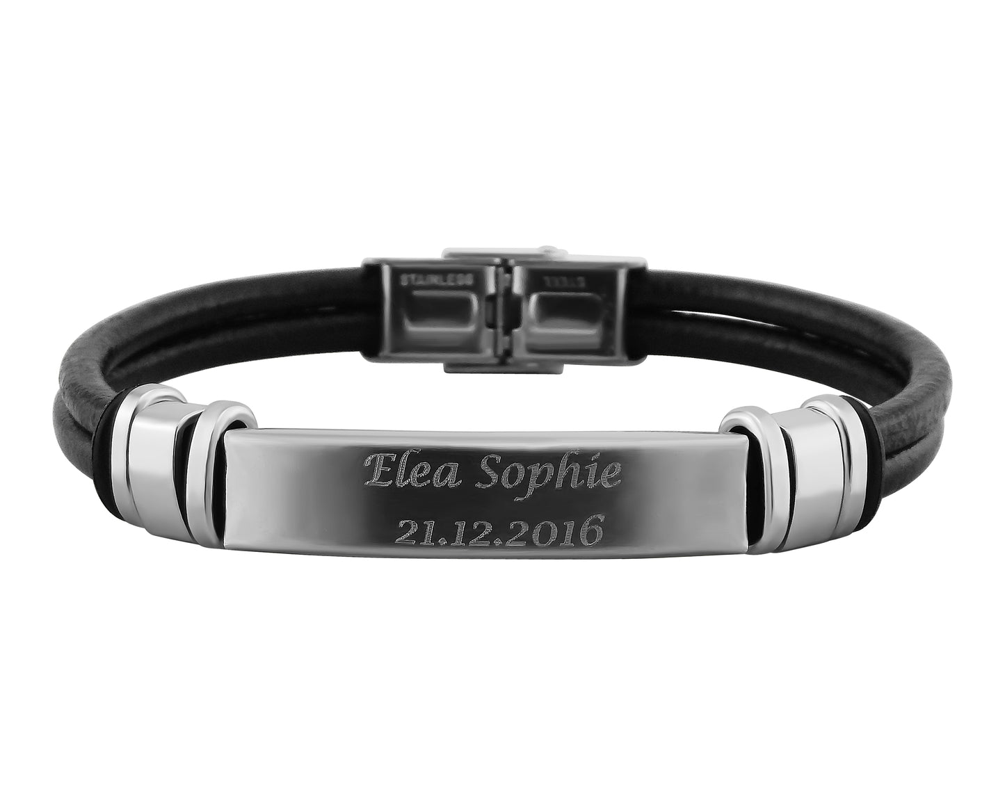 Hanessa Personalisiertes Armband mit Gravur für Männer und Frauen Edelstahl Leder schwarz Länge 21 cm | Personalisierte Armbänder mit Namen Herren Damen