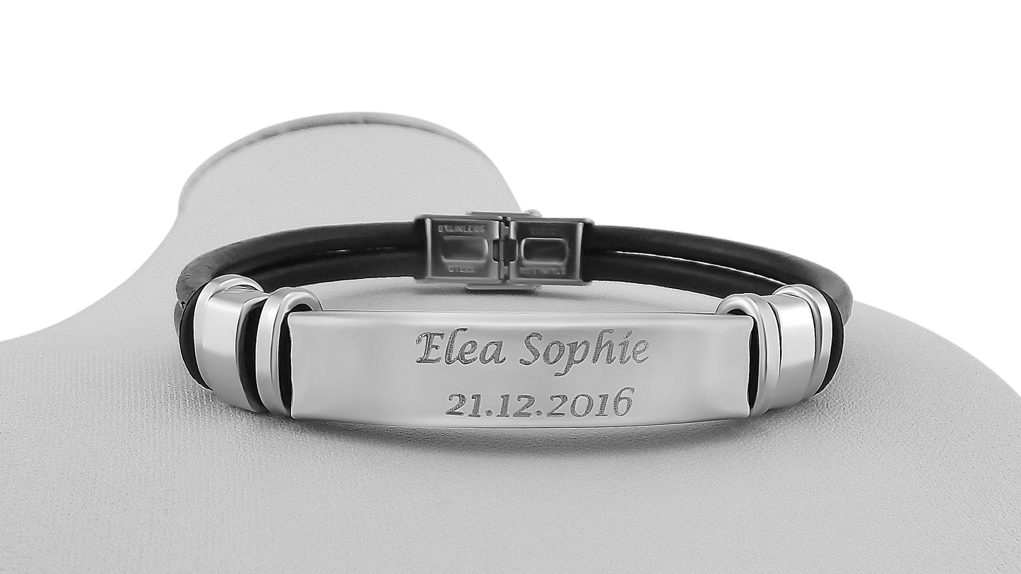 Hanessa Personalisiertes Armband mit Gravur für Männer und Frauen Edelstahl Leder schwarz Länge 21 cm | Personalisierte Armbänder mit Namen Herren Damen