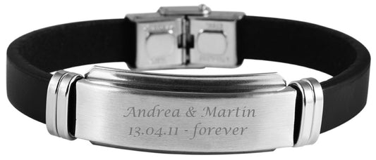 Personalisiertes Armband mit Gravur für Männer und Frauen Edelstahl Leder schwarz silber Länge 21 cm