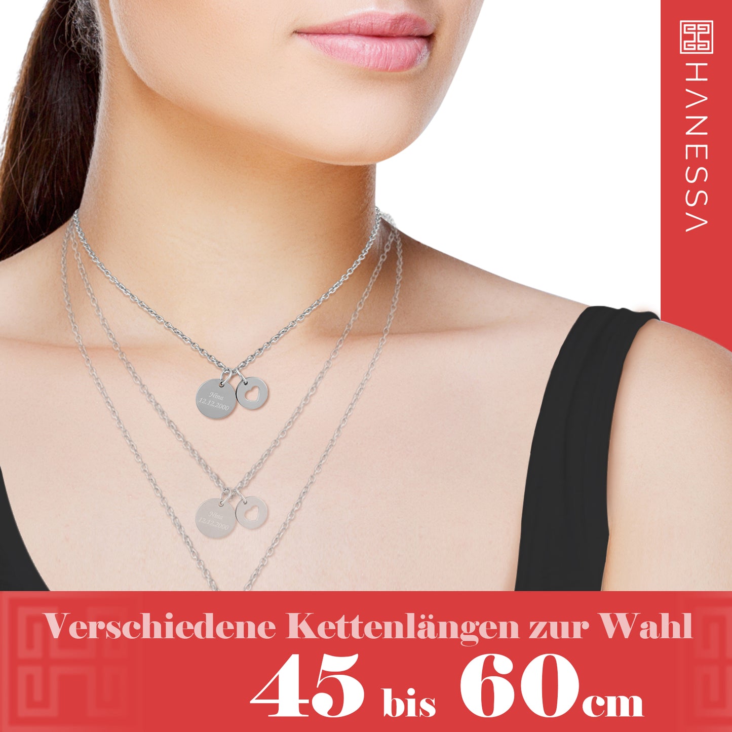 Personalisierte Kette mit Gravur Edelstahl 50 cm mit Anhänger Herz rund in silber