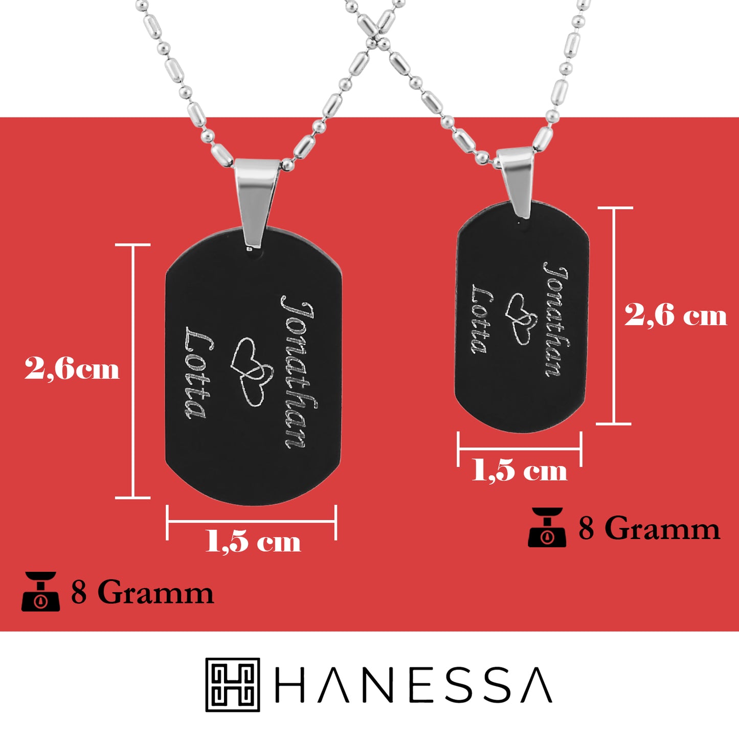 2 Personalisierte Ketten mit Gravur Edelstahl 44 cm mit Anhänger Dog Tag Erkennungsmarke in schwarz