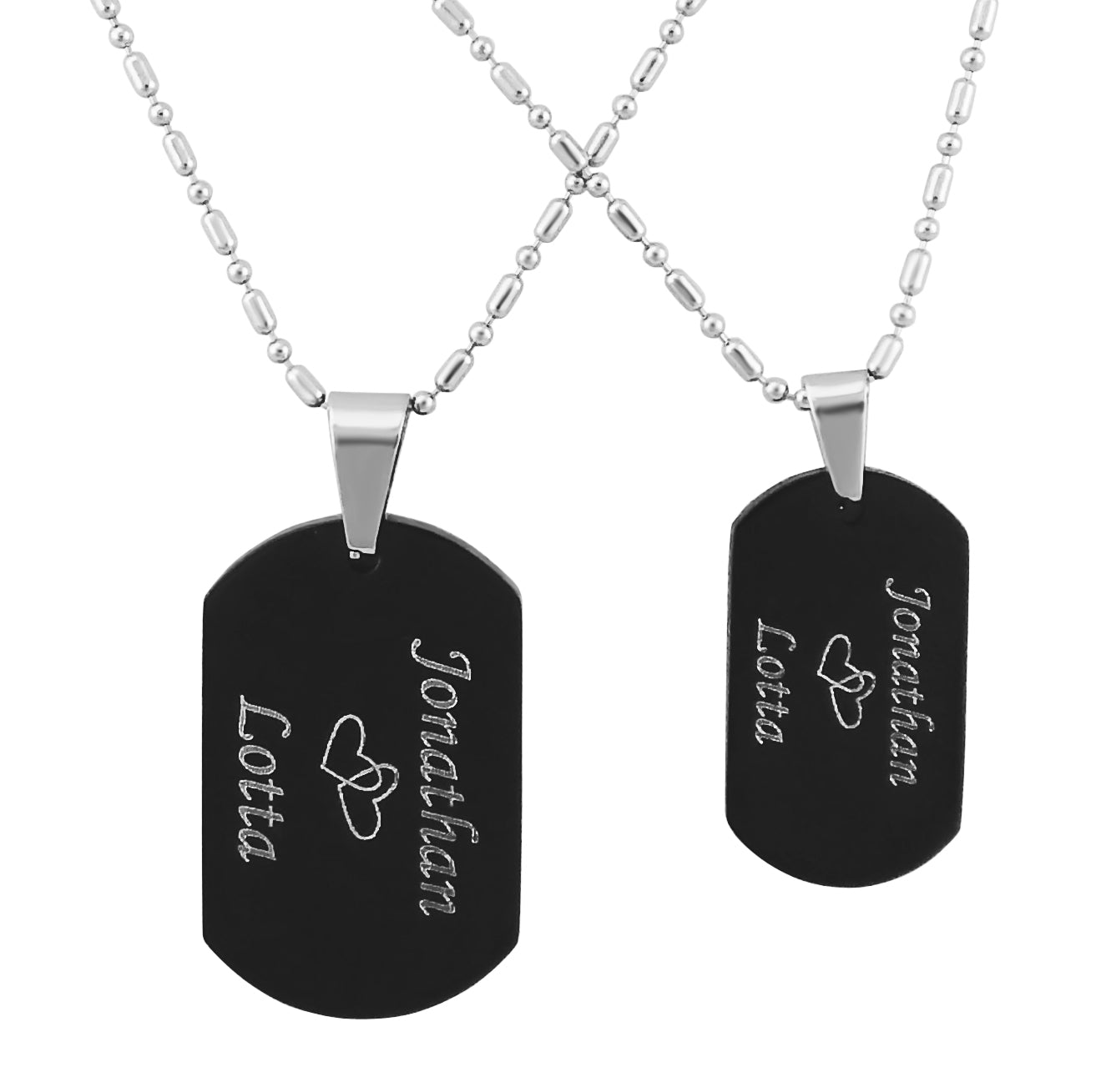 2 Personalisierte Ketten mit Gravur Edelstahl 44 cm mit Anhänger Dog Tag Erkennungsmarke in schwarz