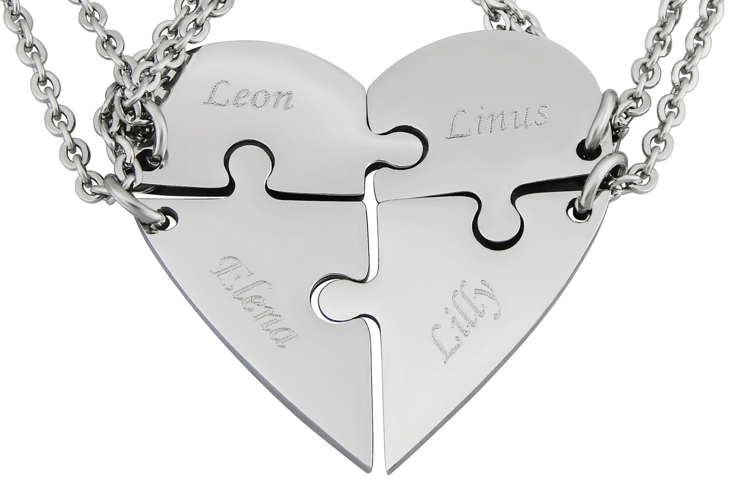 Hanessa 4 Stück Personalisierte Kette mit Gravur Edelstahl 50 cm mit Anhänger Herz Puzzle in silber - Personalisierte BFF Geschenke Freundin Freund Freundschaft - Halskette personalisiert